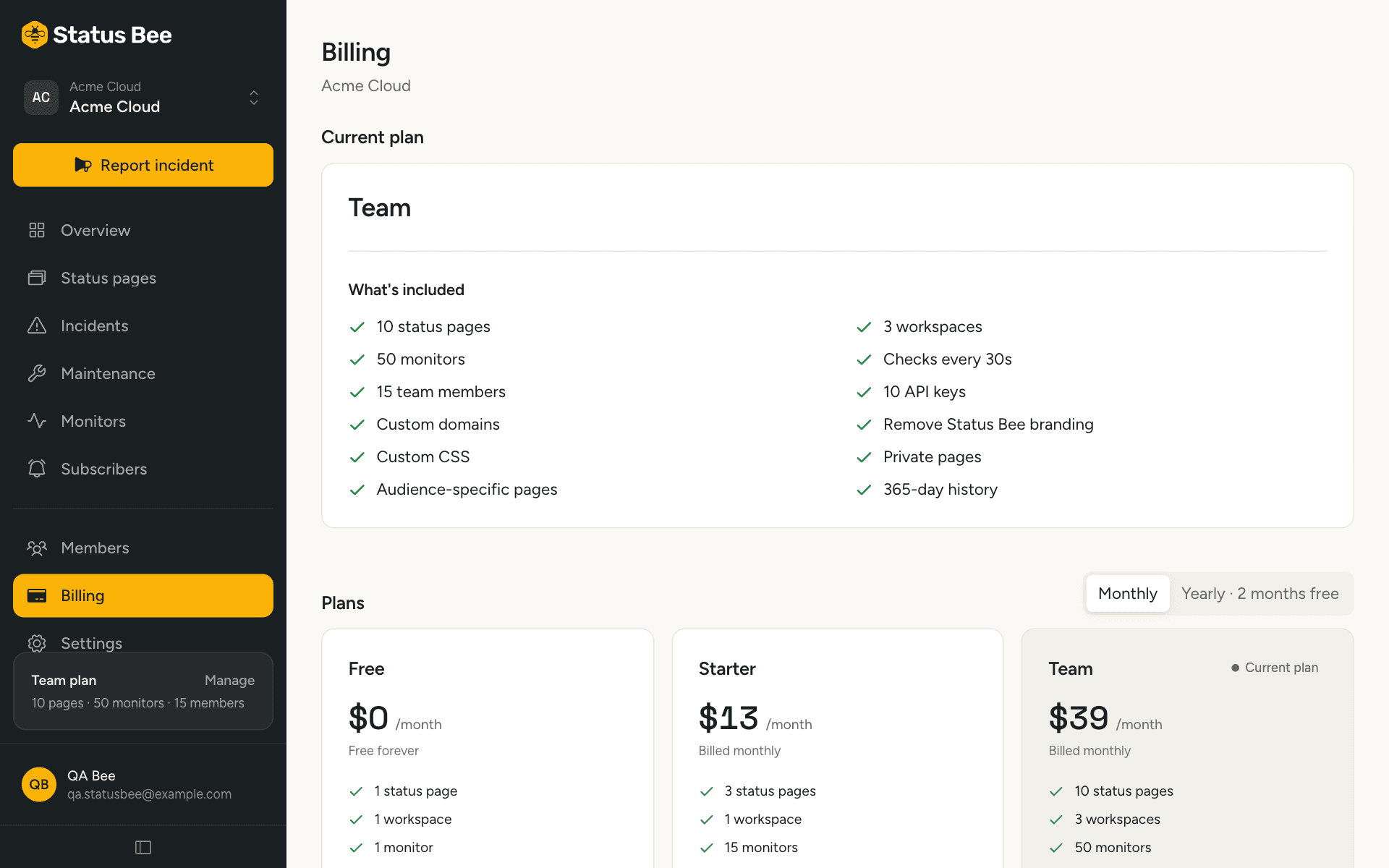 The Billing page with the current plan, its limits and the plan cards