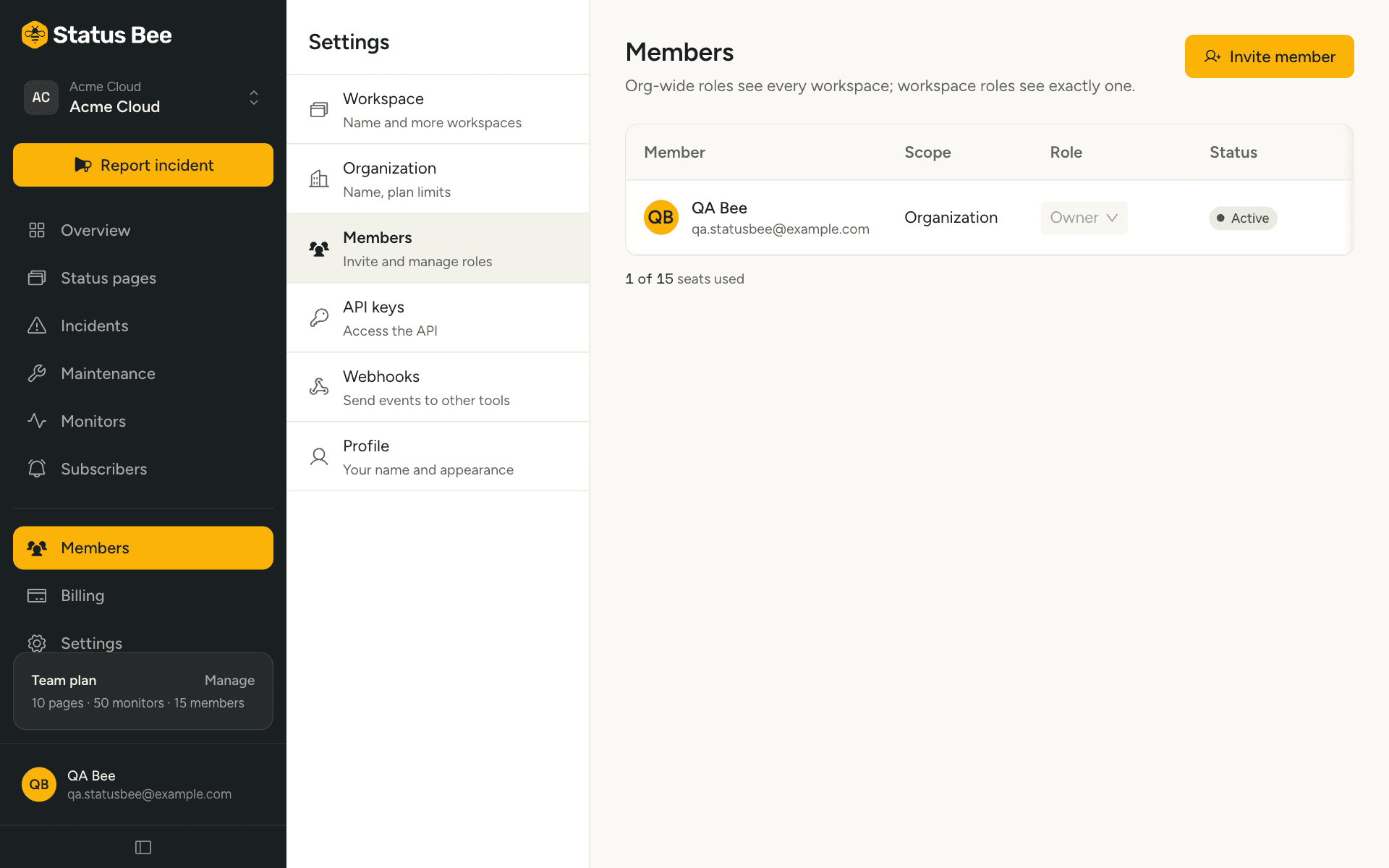 The Members settings with the member list and roles
