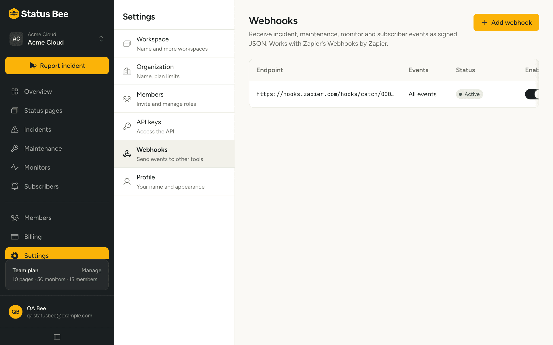 Webhook settings with one endpoint, its events and status