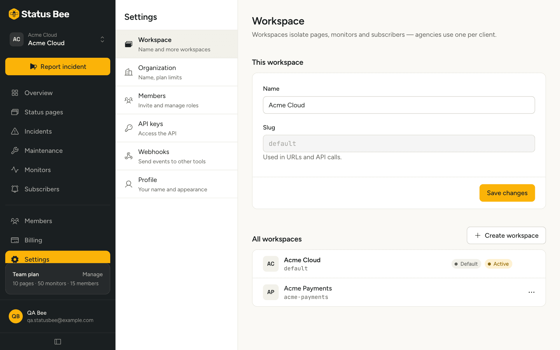 Workspace settings with the name field and the list of workspaces