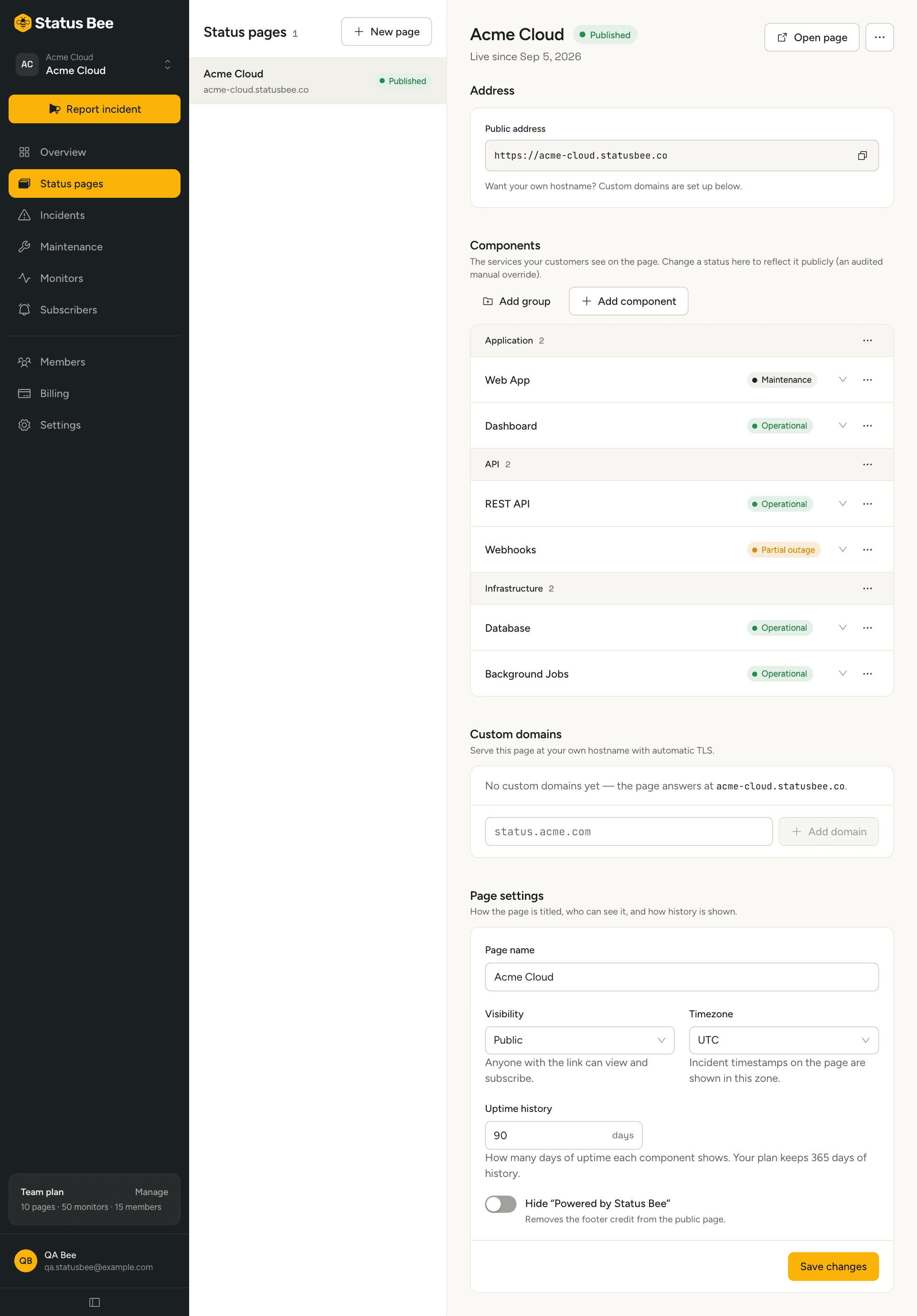 A status page's detail view with address, components, custom domains and settings