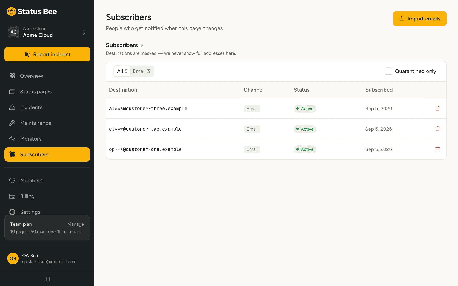 The Subscribers page with per-channel totals and the masked subscriber list