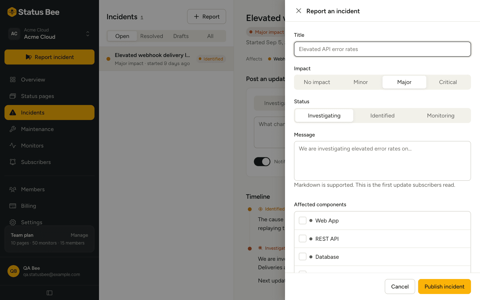 The Report incident drawer with title, page, status, impact, components and the first update