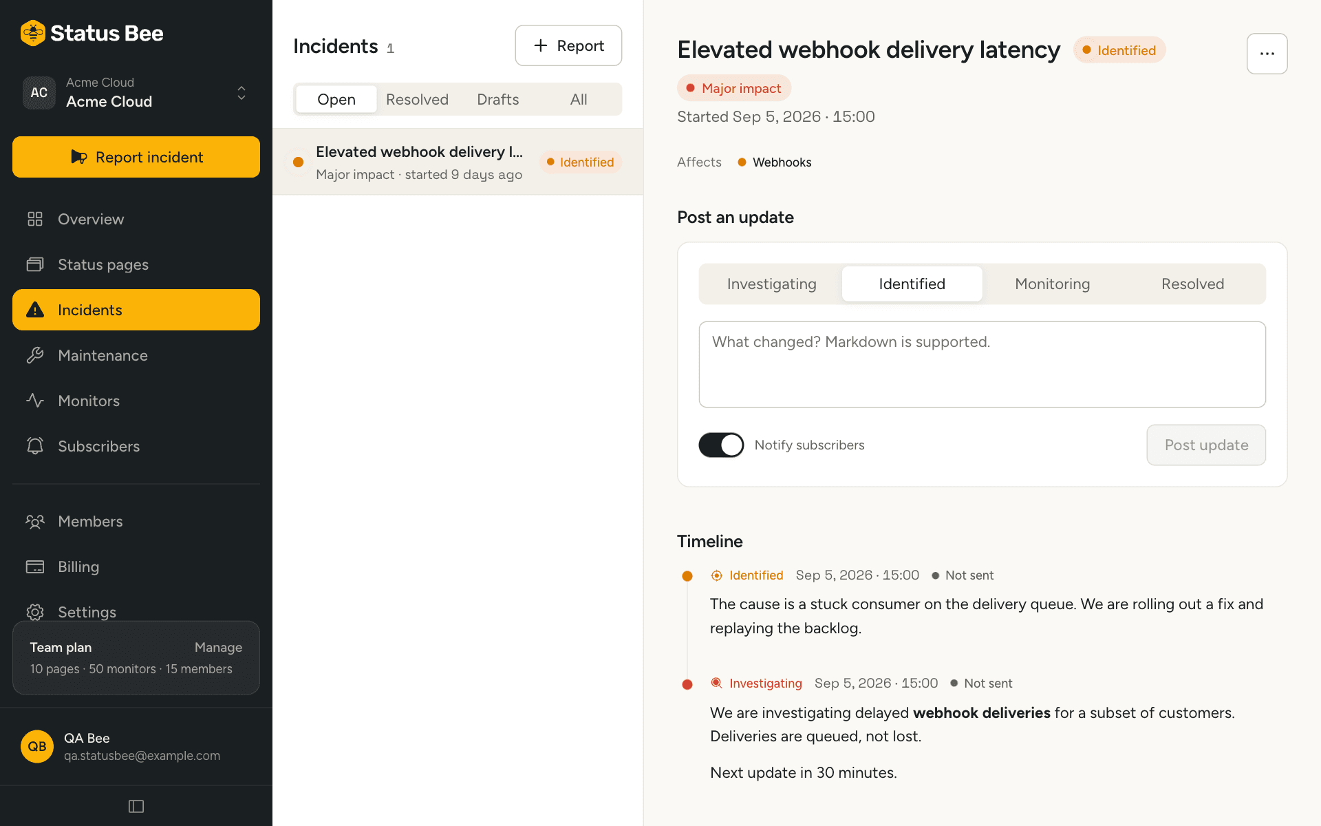 An open incident with the Post an update form and the timeline below it