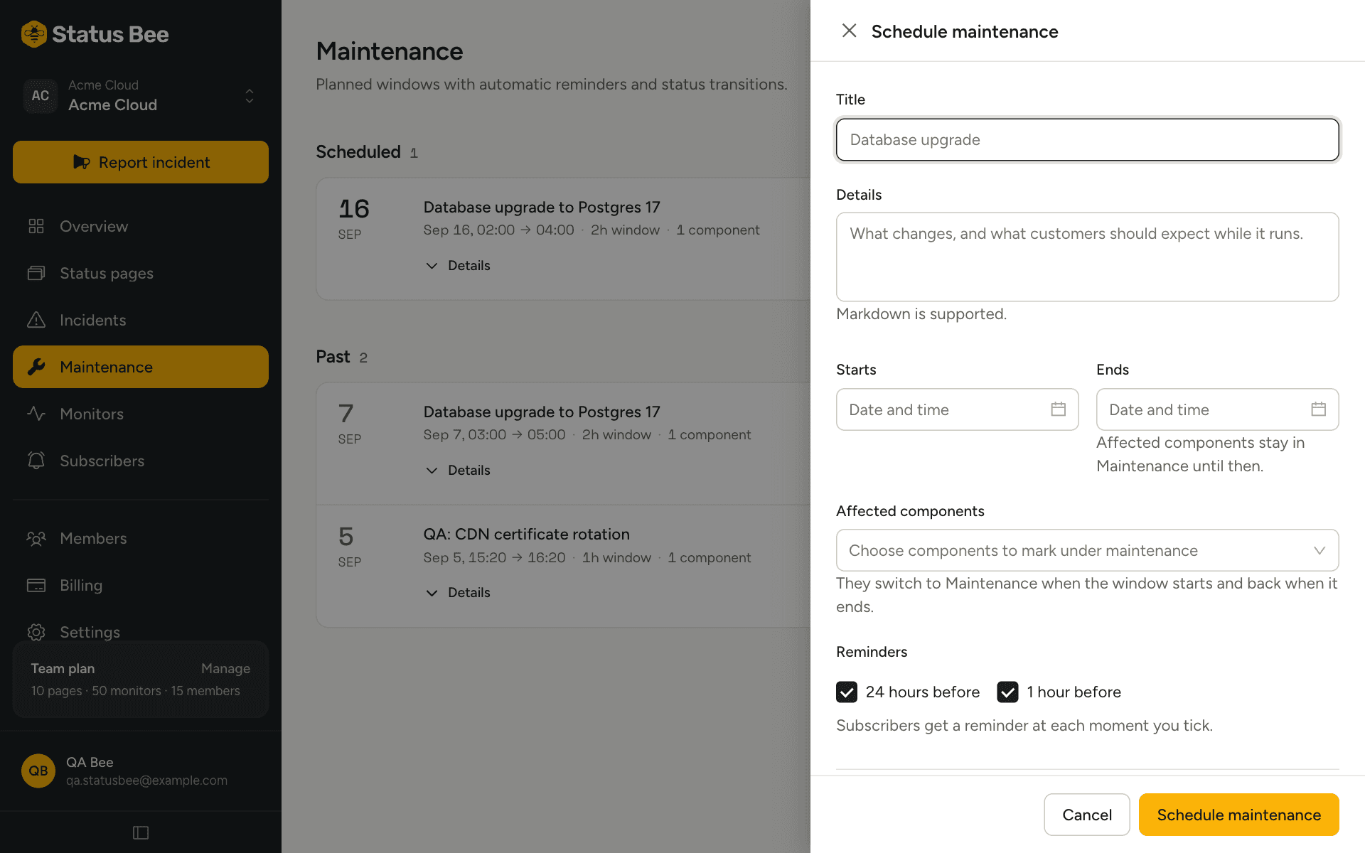 The Schedule maintenance drawer with title, page, start, end, components and reminders