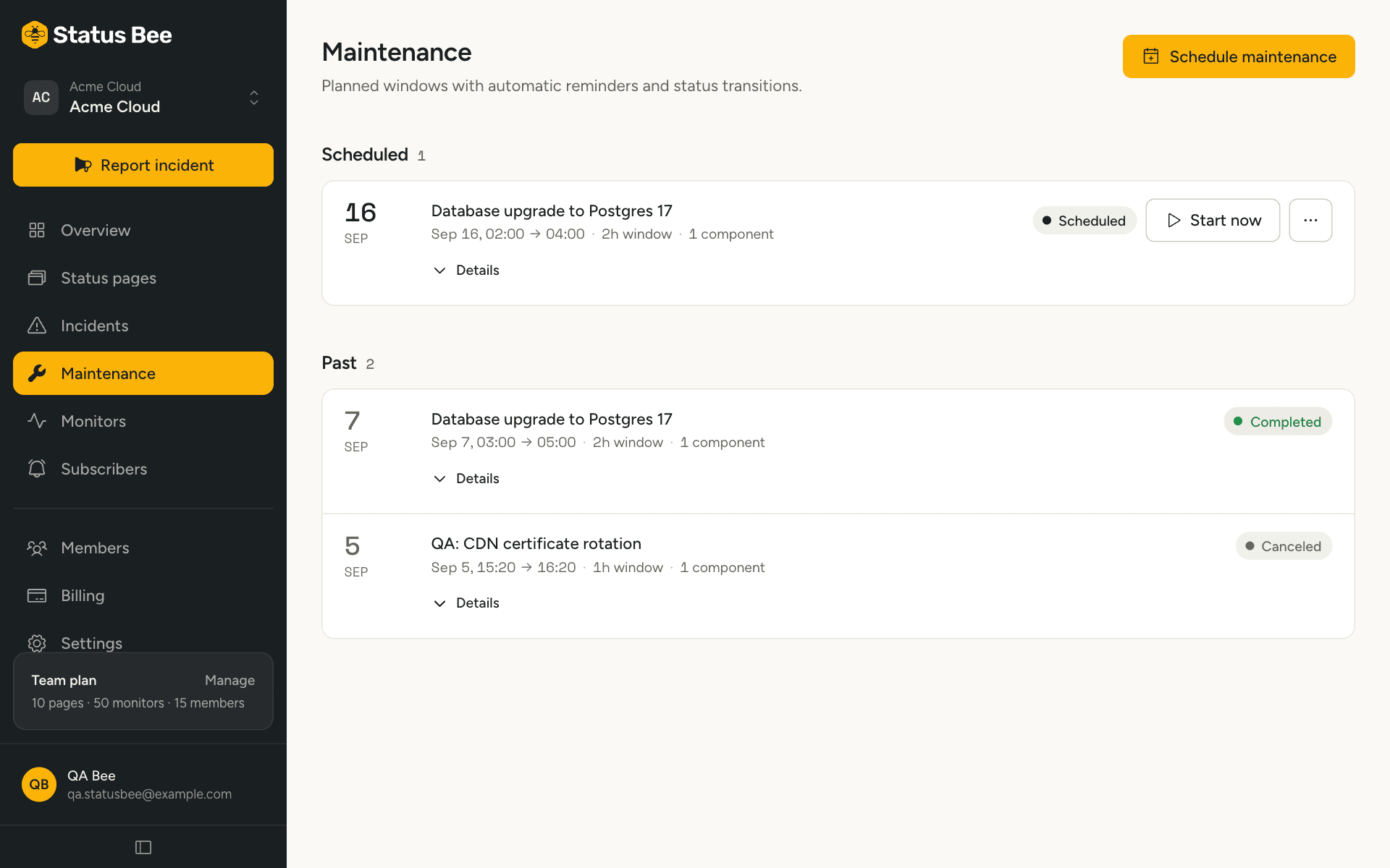 The Maintenance page listing upcoming, running and past windows
