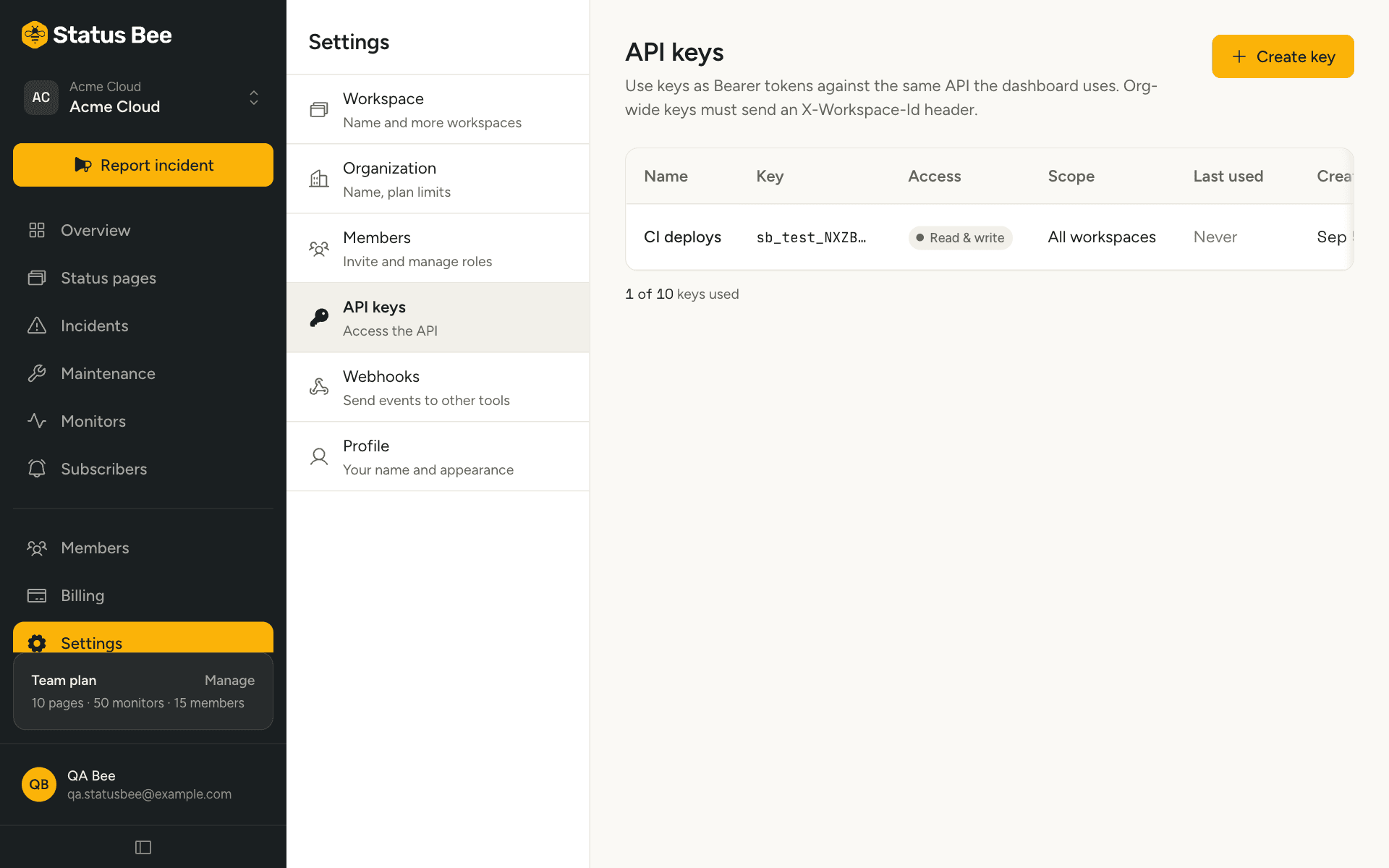 The API keys settings with one key listed, its prefix, access and scope